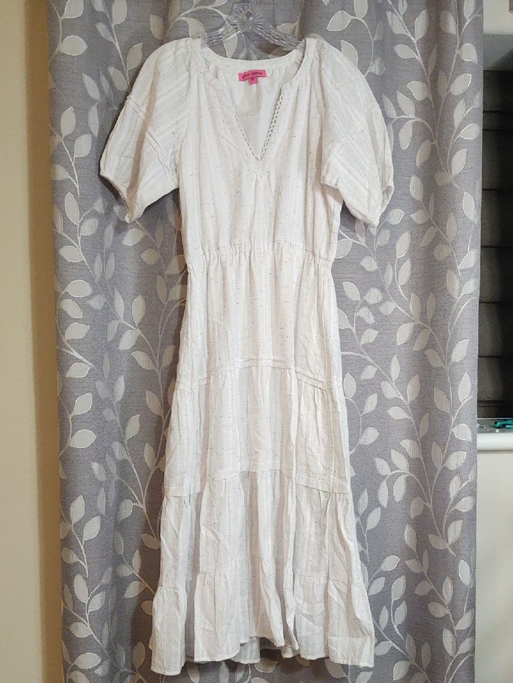 Betsey Johnson White Cotton Tiered Puffed Sleeve V-Neck Lined Midi Dress size S